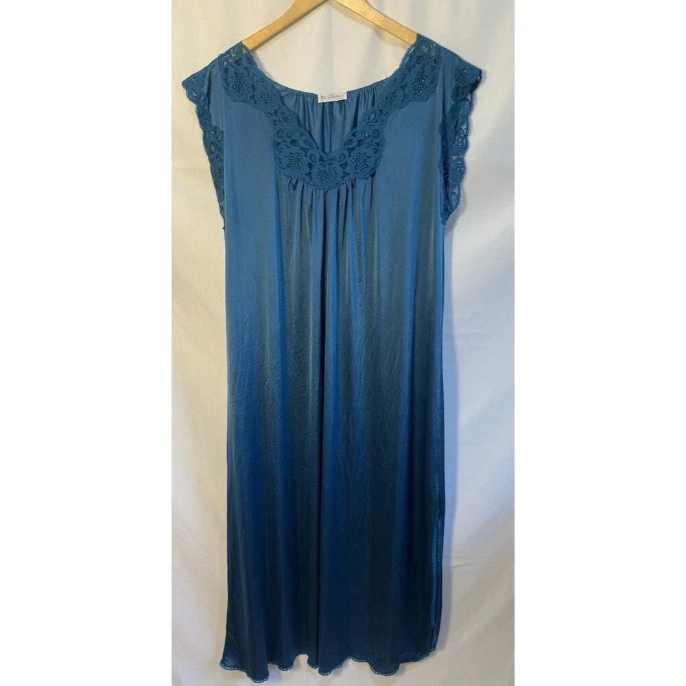 Vintage Miss Elaine Nightgown Dress Babydoll Turquoise blue Nylon Large Made USA